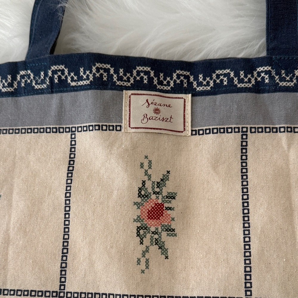 Brand New Sezane Blue and Cream Embroidered Tote Baziszt Collaboration - Picture 3 of 4
